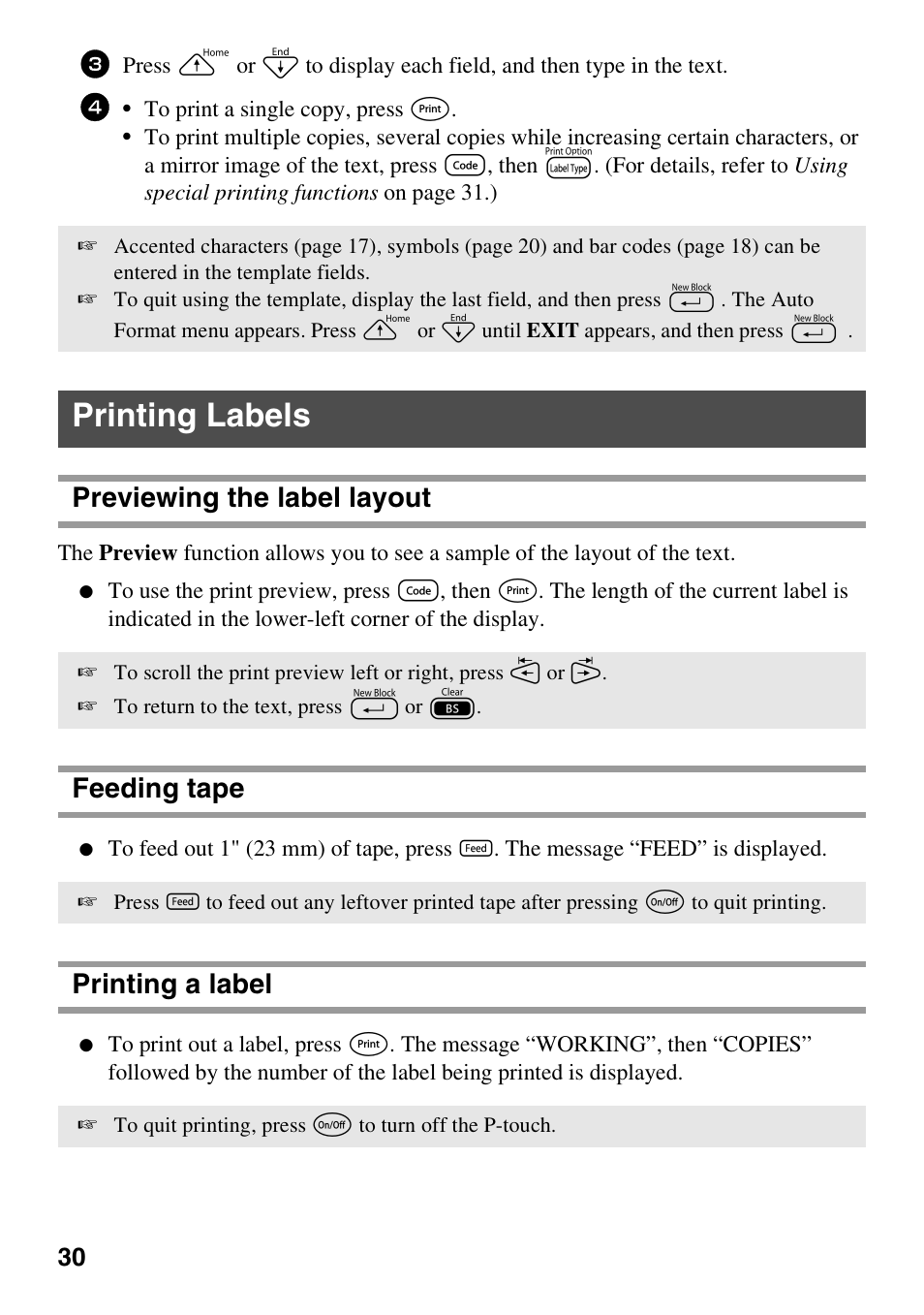 Printing labels, Previewing the label layout, Feeding tape | Printing a label | Brother PT-1600 User Manual | Page 38 / 116