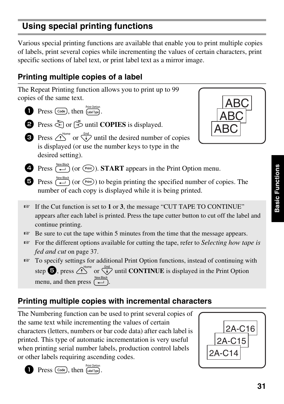 Using special printing functions, Printing multiple copies of a label | Brother PT-1600 User Manual | Page 39 / 116