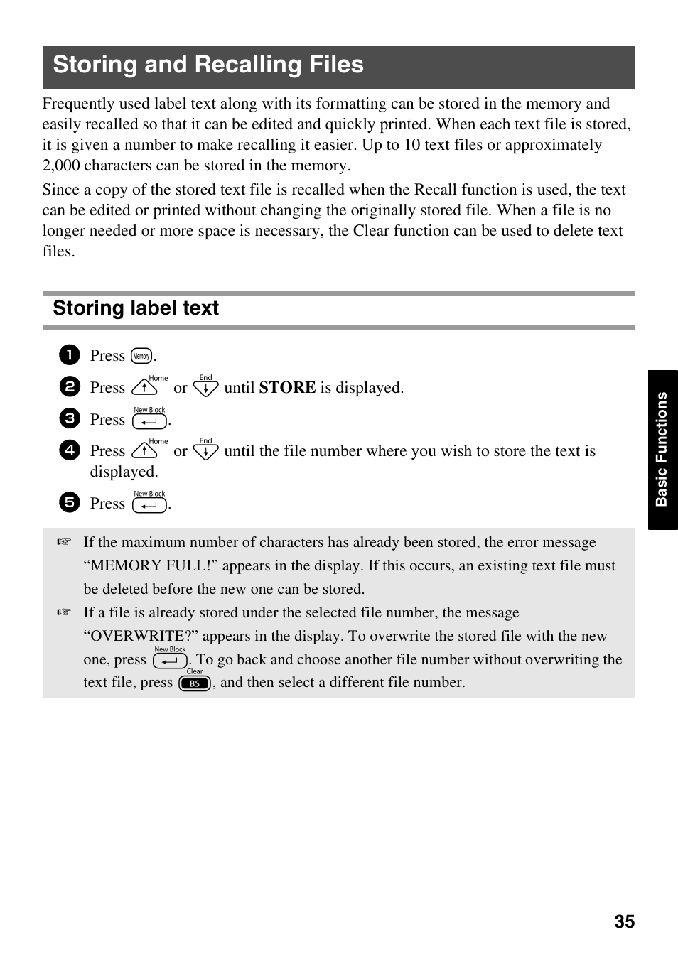 Storing and recalling files, Storing label text | Brother PT-1600 User Manual | Page 43 / 116