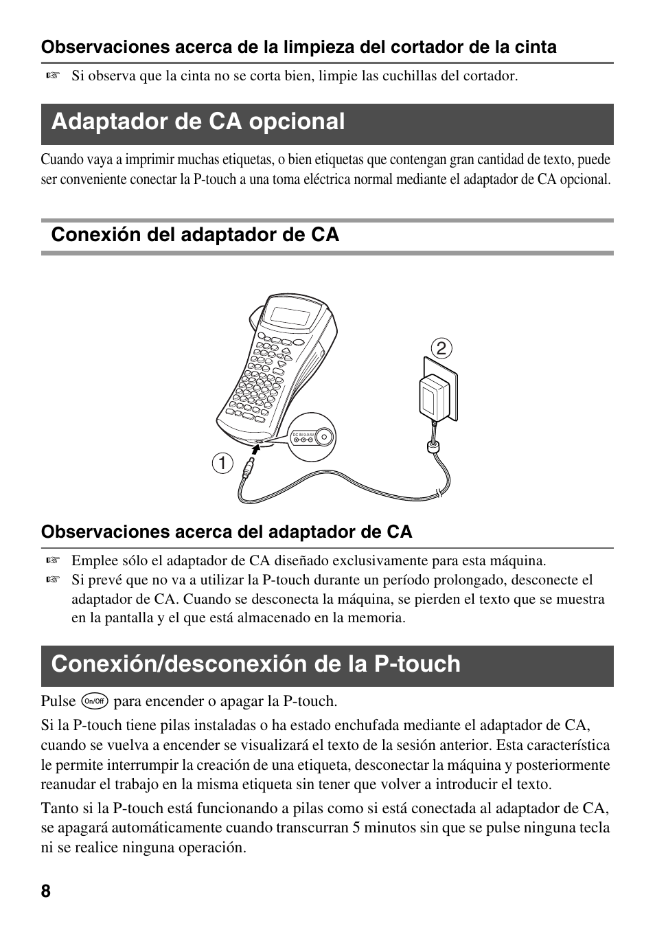 Adaptador de ca opcional, Conexión/desconexión de la p-touch, Conexión del adaptador de ca | Brother PT-1600 User Manual | Page 70 / 116