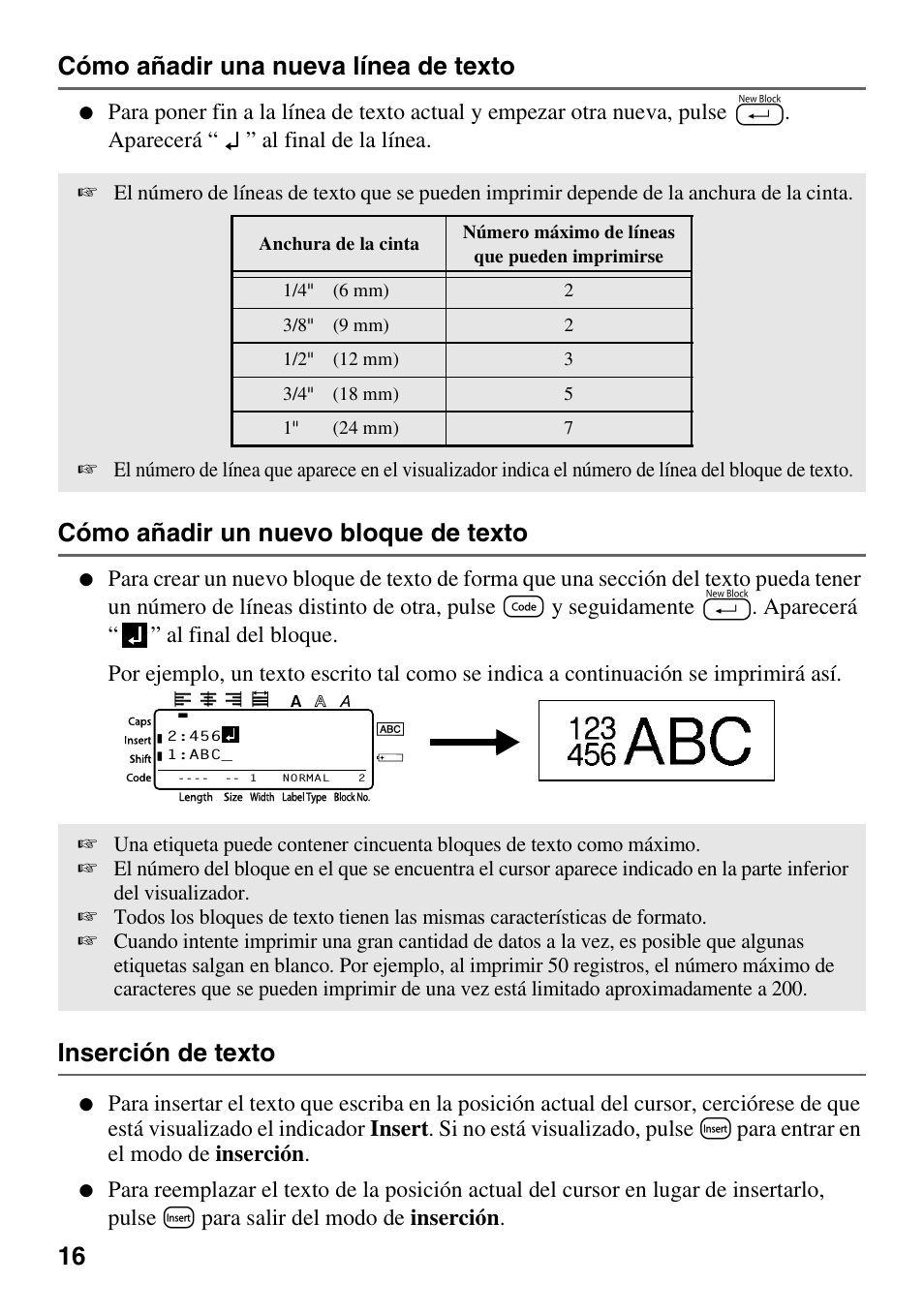 16 cómo añadir una nueva línea de texto, Cómo añadir un nuevo bloque de texto, Inserción de texto | Brother PT-1600 User Manual | Page 78 / 116