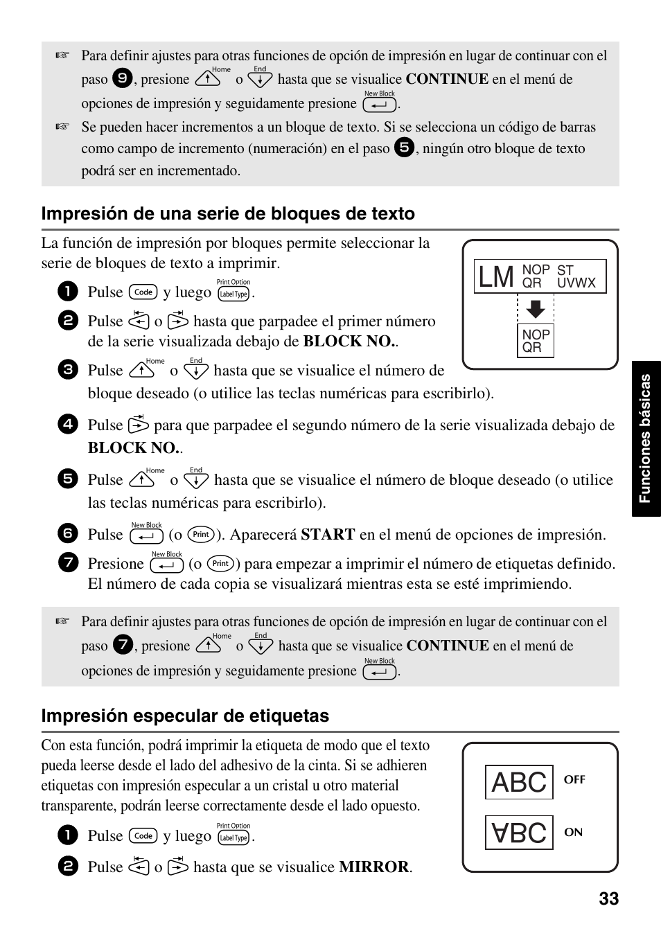 Impresión de una serie de bloques de texto, Impresión especular de etiquetas | Brother PT-1600 User Manual | Page 95 / 116