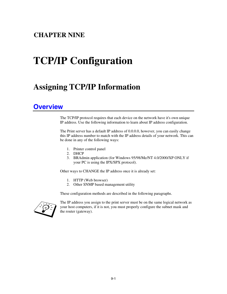Chapter nine tcp/ip configuration, Assigning tcp/ip information, Overview | Tcp/ip configuration, Chapter nine | Brother HL-4000CN User Manual | Page 64 / 78