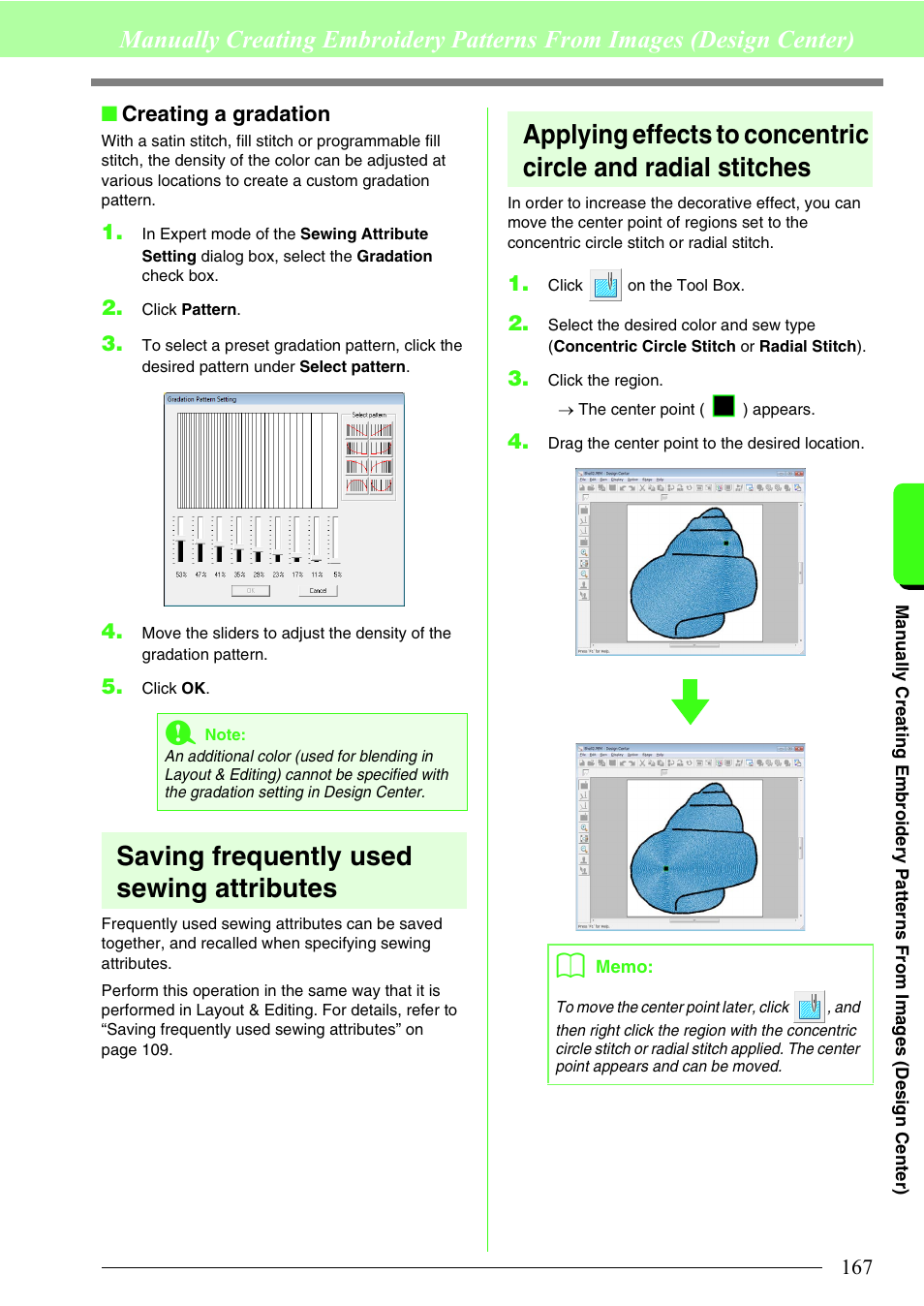 Saving frequently used sewing attributes, Creating a gradation | Brother PE-DESIGN 8 User Manual | Page 169 / 269
