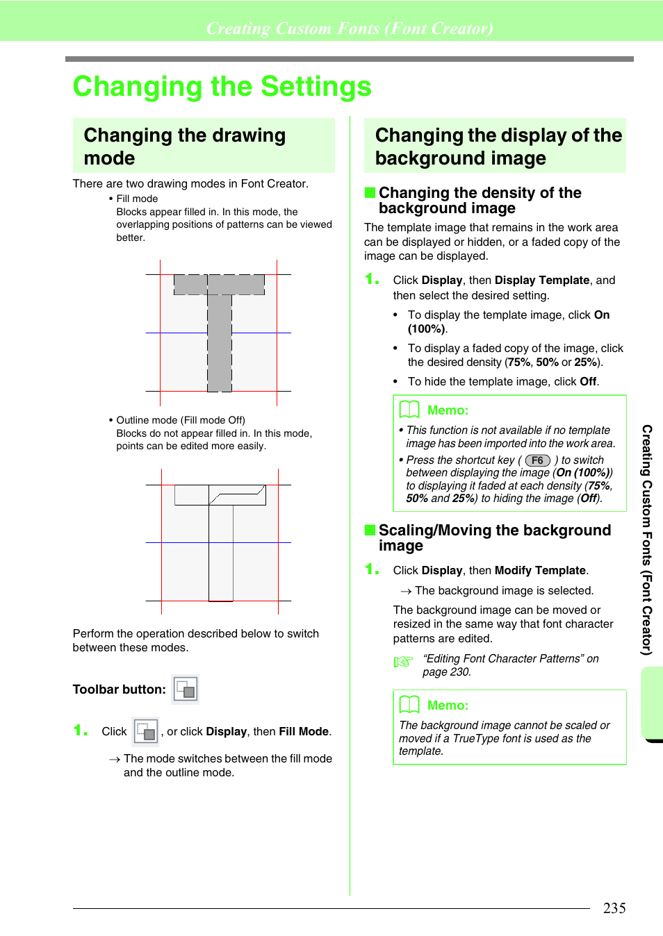 Changing the settings, Changing the drawing mode, Changing the display of the background image | Creating custom fonts (font creator), Changing the density of the background image, Scaling/moving the background image 1 | Brother PE-DESIGN 8 User Manual | Page 237 / 269