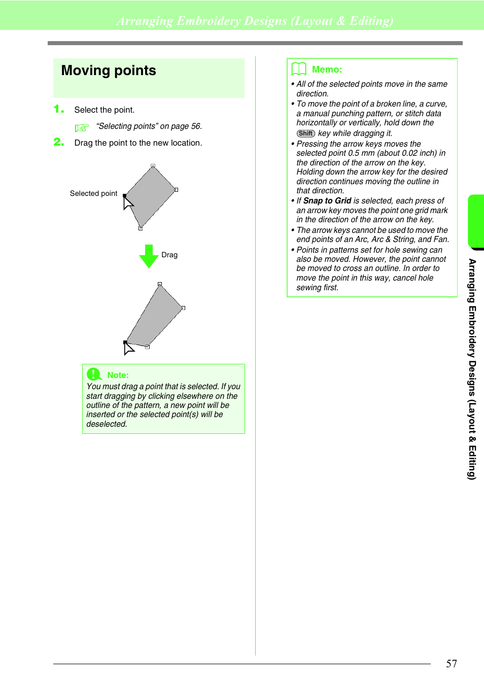 Moving points, Arranging embroidery designs (layout & editing) | Brother PE-DESIGN 8 User Manual | Page 59 / 269