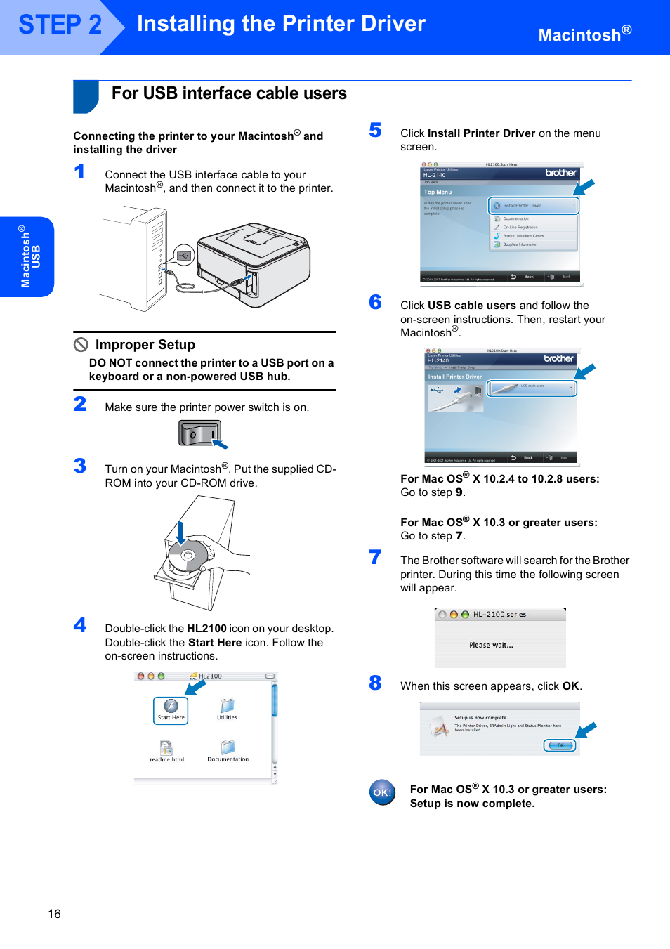 For usb interface cable users, Step 2, Installing the printer driver | Macintosh, Improper setup | Brother HL-2140 User Manual | Page 18 / 23