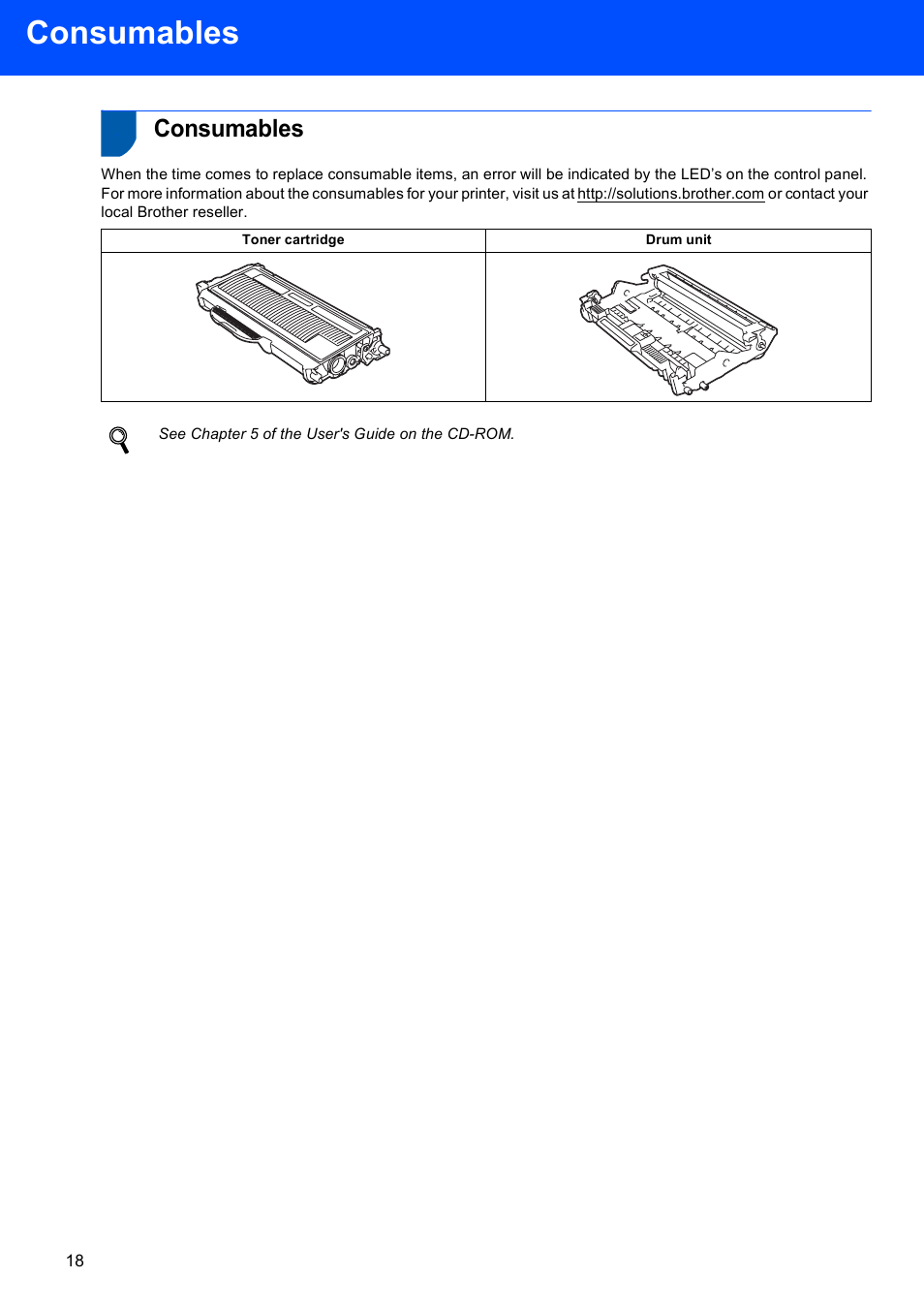 Consumables, See chapter 5 of the user's guide on the cd-rom | Brother HL-2140 User Manual | Page 20 / 23