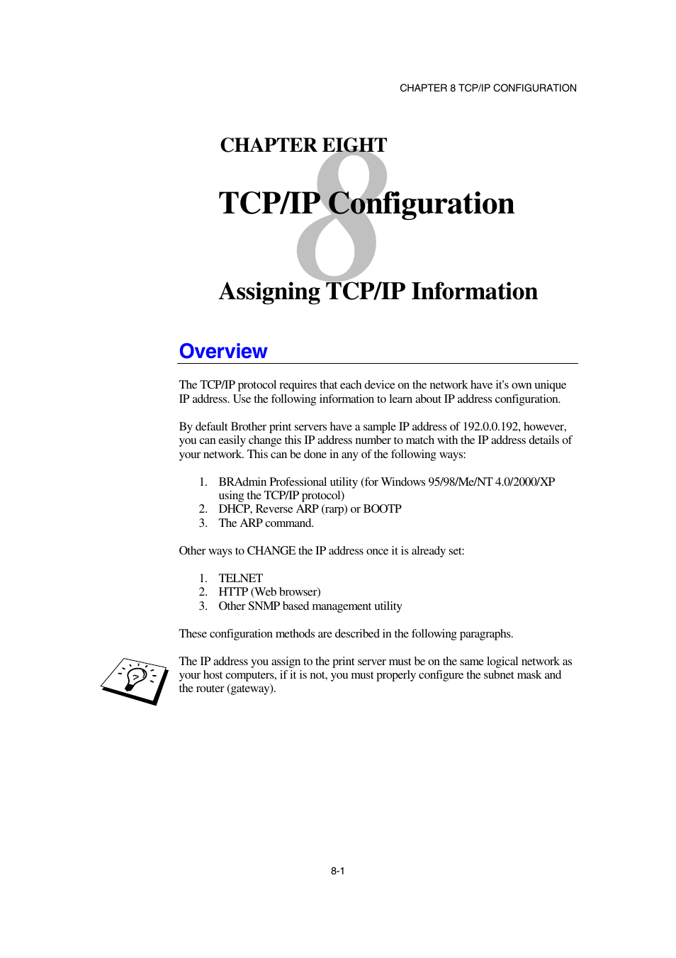 Overview, Overview 8-1, For more | Tcp/ip configuration | Brother NC-2100p User Manual | Page 68 / 96