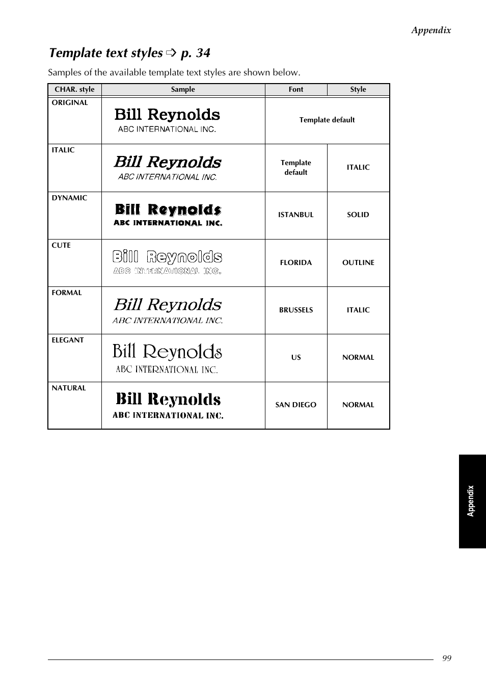 Template text styles è p. 34, Template text styles, Template text styles ➩ p. 34 | Brother PT-9600 User Manual | Page 113 / 235