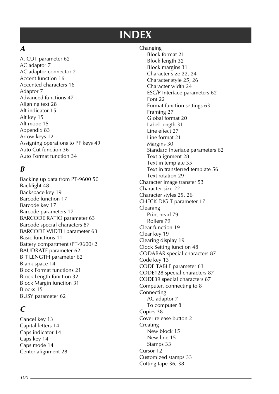Index | Brother PT-9600 User Manual | Page 114 / 235
