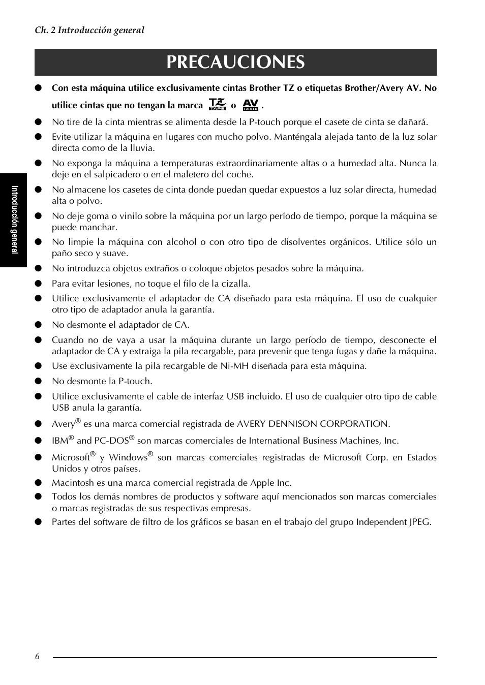 Precauciones | Brother PT-9600 User Manual | Page 136 / 235