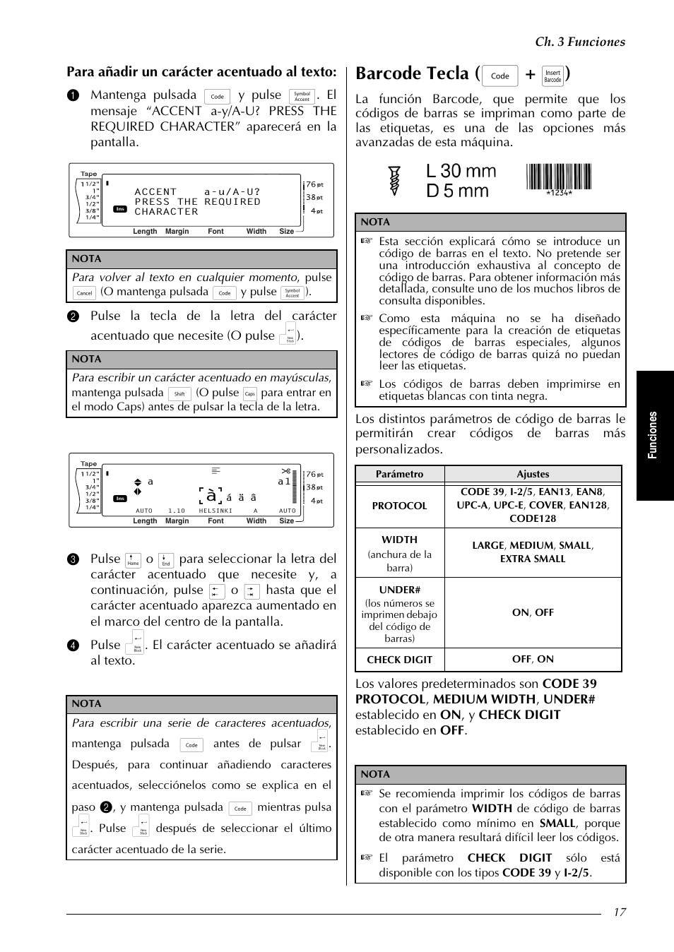 Barcode tecla ( d + i ), Para añadir un carácter acentuado al texto, Ch. 3 funciones | Fu nc ion es | Brother PT-9600 User Manual | Page 147 / 235
