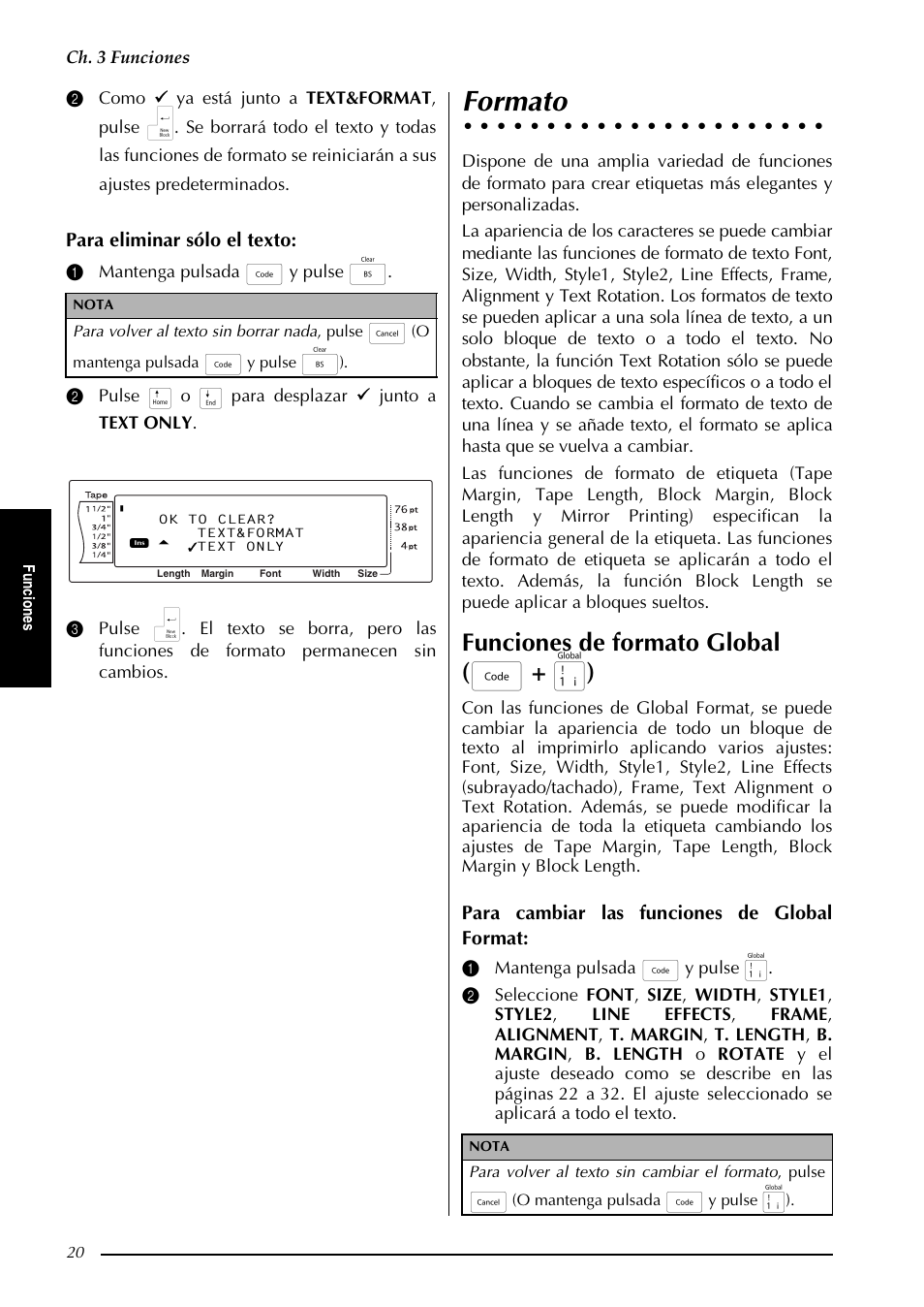 Formato, Funciones de formato global ( d + 1 ), Para eliminar sólo el texto | Para cambiar las funciones de global format, Ch. 3 funciones | Brother PT-9600 User Manual | Page 150 / 235