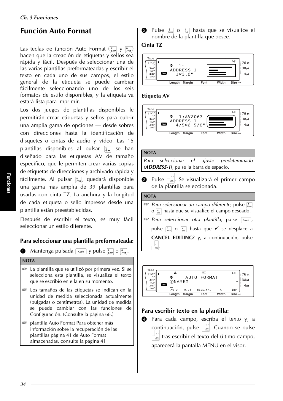 Función auto format, Para seleccionar una plantilla preformateada, Para escribir texto en la plantilla | Ch. 3 funciones, Fu nc io ne s | Brother PT-9600 User Manual | Page 164 / 235