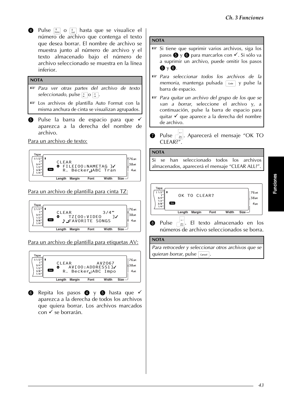Ch. 3 funciones, Fu nc ion es, Para marcarlos con | Que aparece a la derecha del nombre de archivo | Brother PT-9600 User Manual | Page 173 / 235