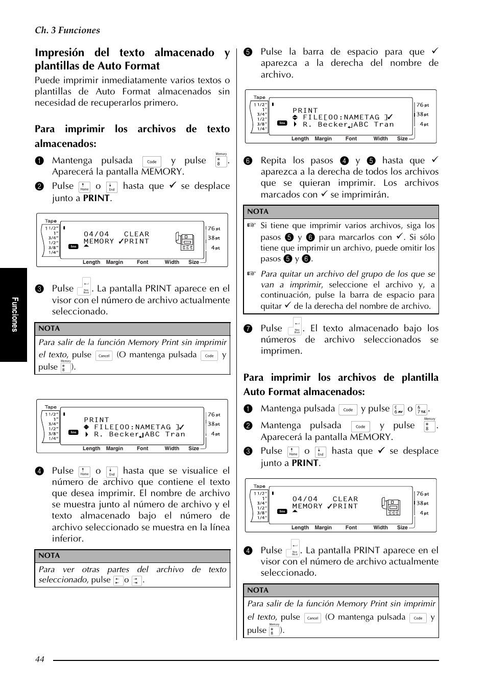 Para imprimir los archivos de texto almacenados, Ch. 3 funciones, Fu nc io ne s | Para marcarlos con, De la derecha del nombre de archivo | Brother PT-9600 User Manual | Page 174 / 235