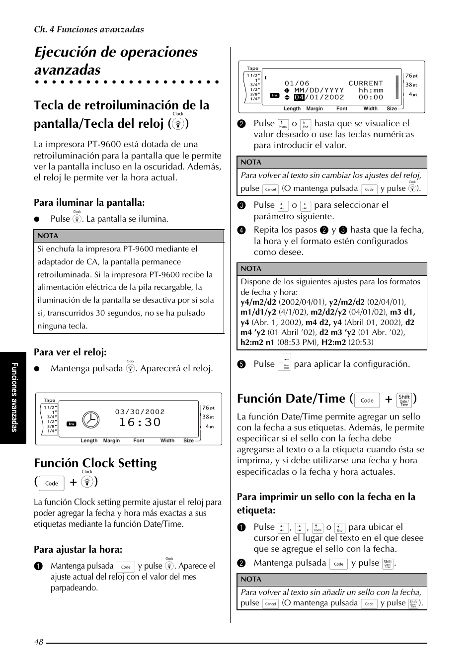 Ejecución de operaciones avanzadas, Ejecución de operaciones, Avanzadas | Función clock setting ( d + ) ), Función date/time ( d + t ), Para iluminar la pantalla, Para ver el reloj, Para ajustar la hora, Para imprimir un sello con la fecha en la etiqueta, Ch. 4 funciones avanzadas | Brother PT-9600 User Manual | Page 178 / 235