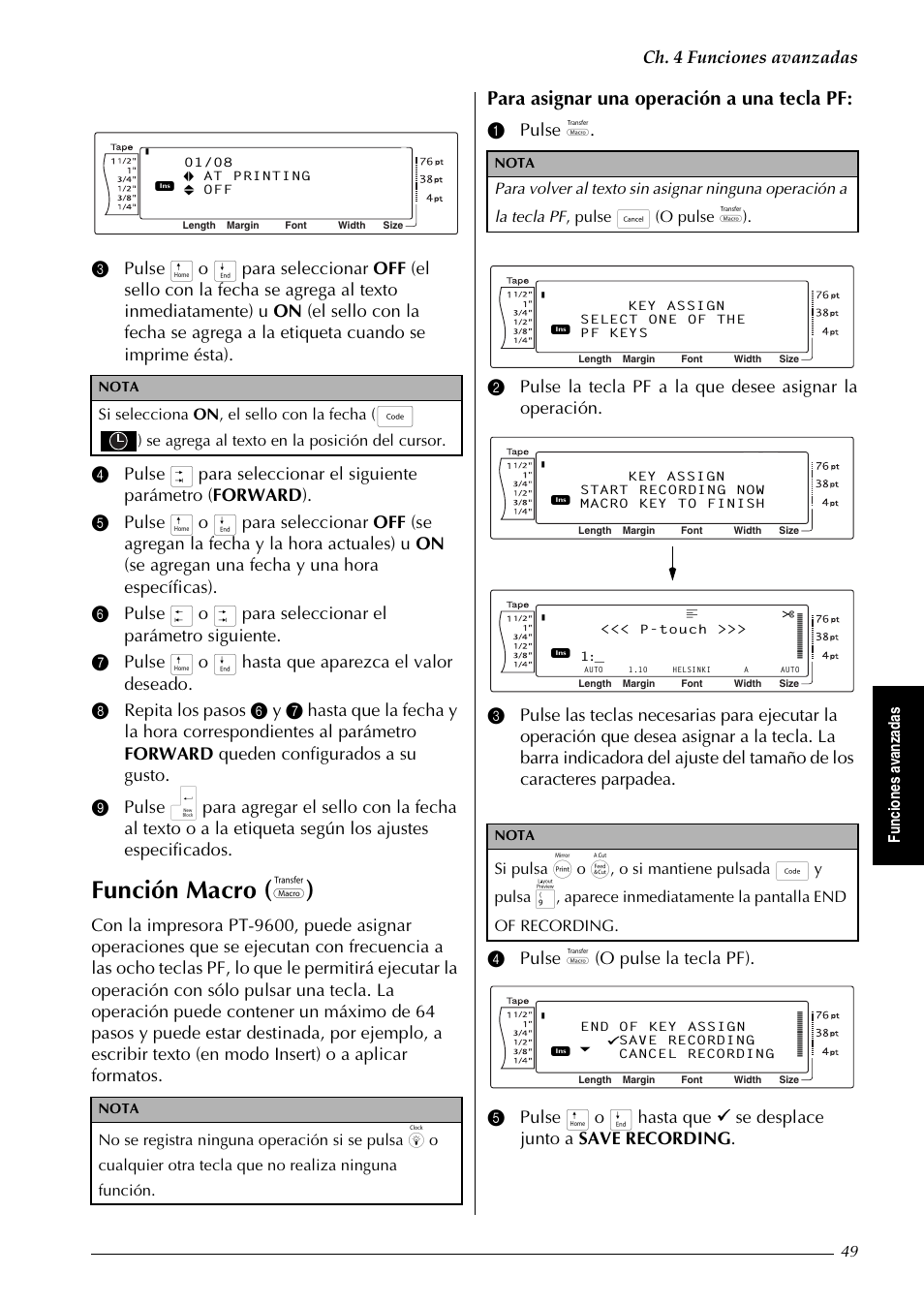Función macro ( ( ), Para asignar una operación a una tecla pf, Ch. 4 funciones avanzadas | Fu nc io n es a va n za d a s, Si selecciona on , el sello con la fecha, Se agrega al texto en la posición del cursor | Brother PT-9600 User Manual | Page 179 / 235