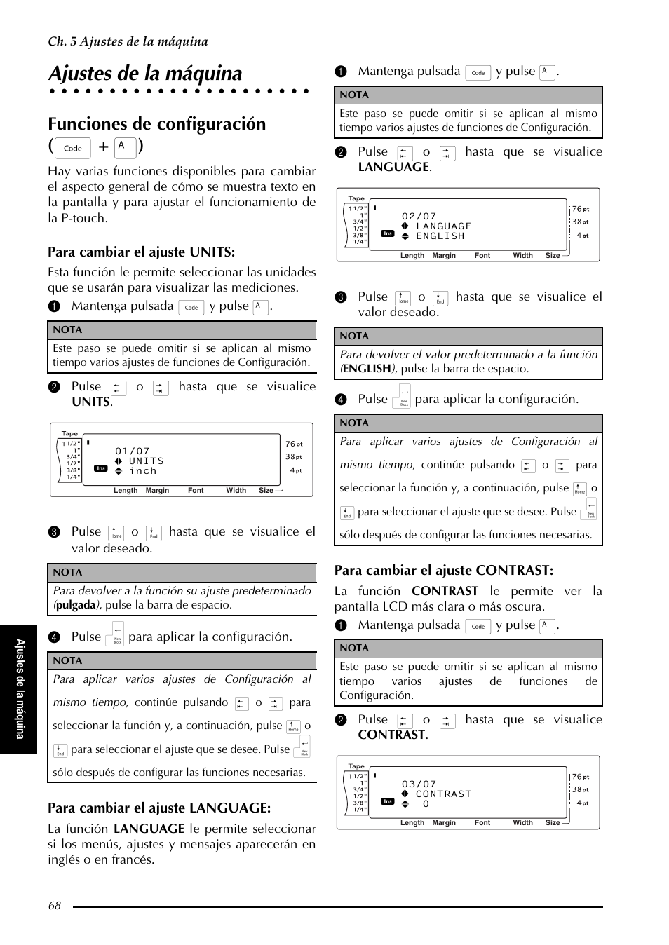 Ajustes de la máquina, Funciones de configuración ( d + a ), Para cambiar el ajuste units | Para cambiar el ajuste language, Para cambiar el ajuste contrast, Ch. 5 ajustes de la máquina, Aju st es d e la m áq u in a | Brother PT-9600 User Manual | Page 198 / 235