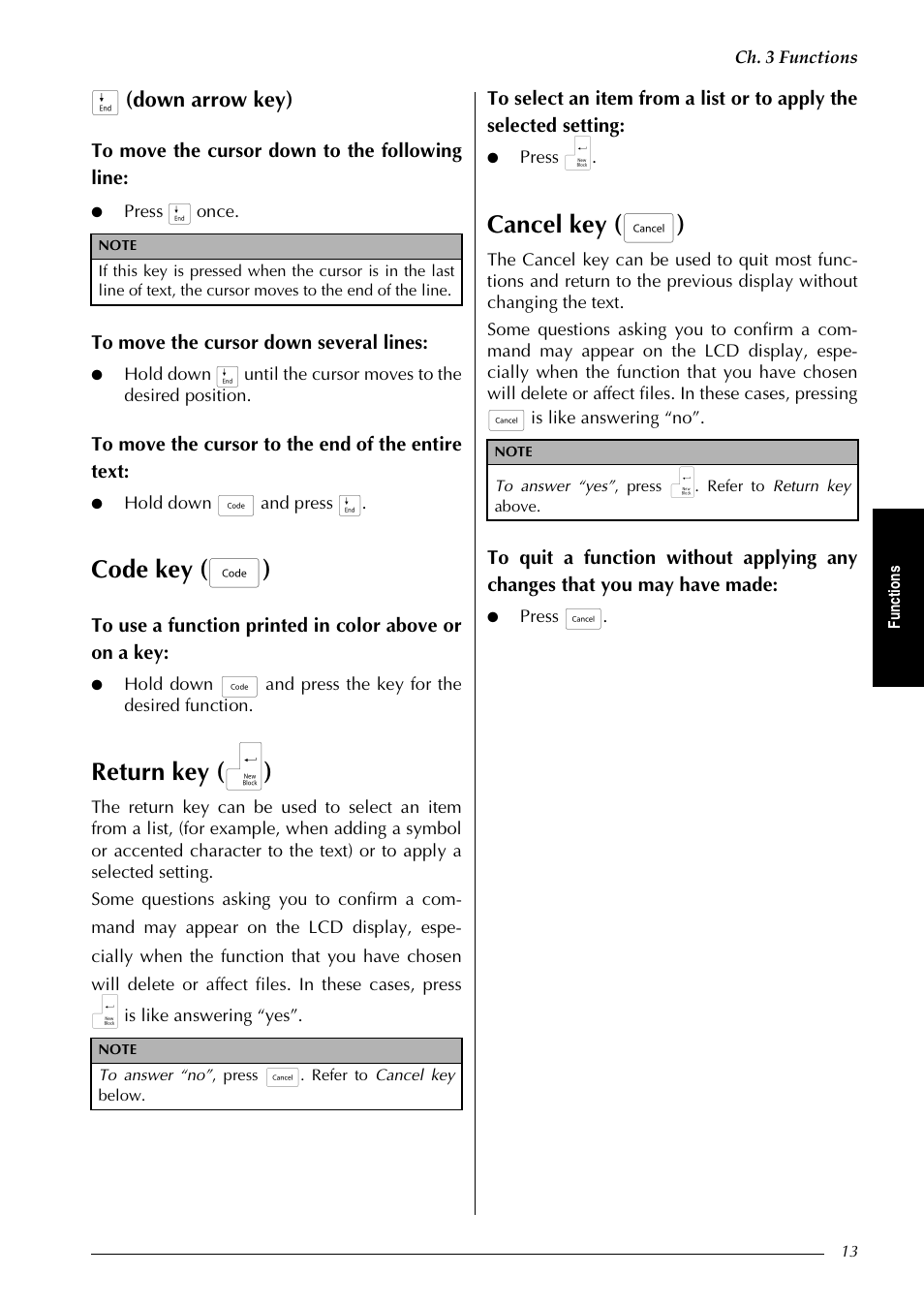 P. 13, Code key ( d ), Return key ( n ) | Cancel key ( e ), G (down arrow key) | Brother PT-9600 User Manual | Page 27 / 235