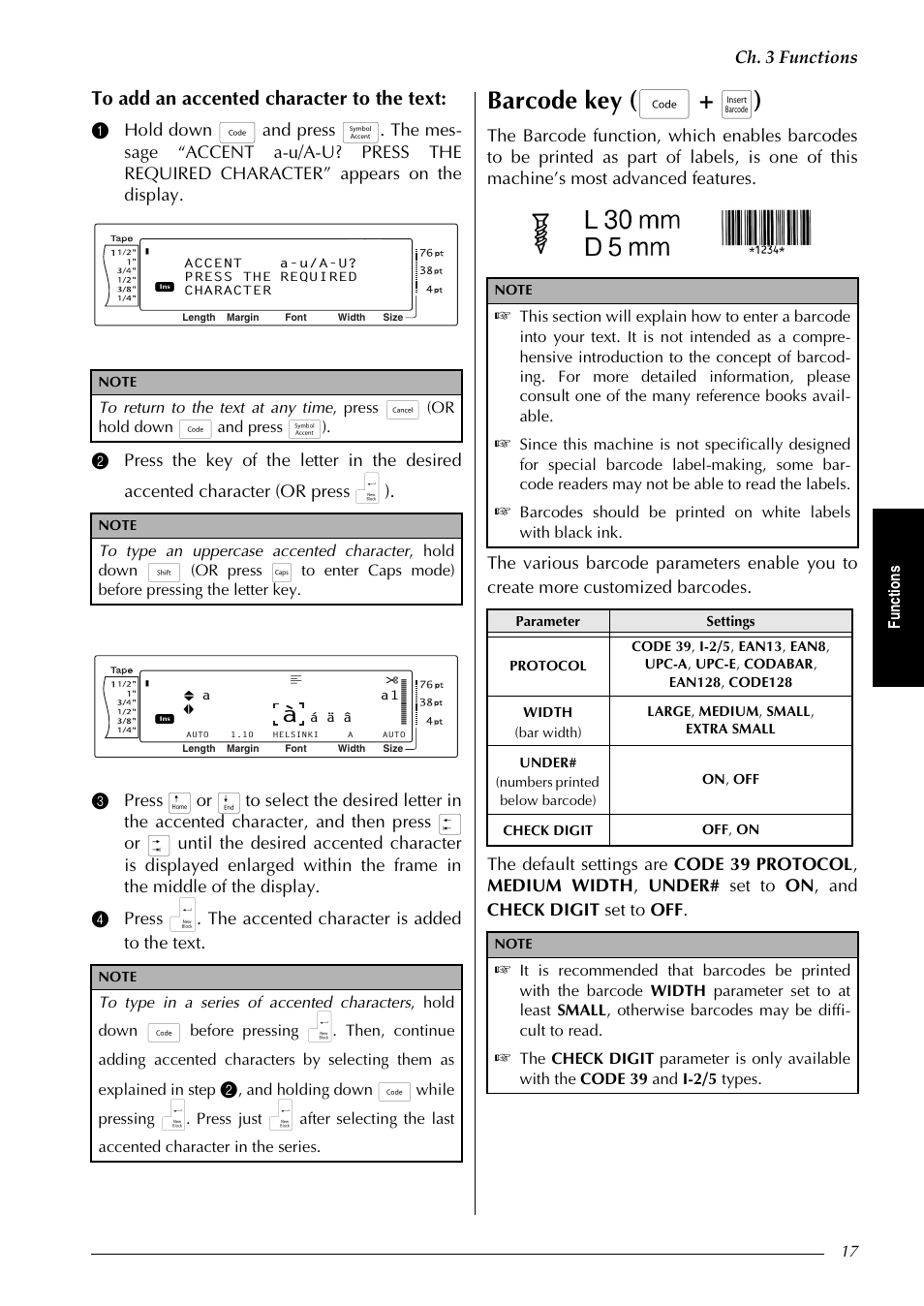Barcode key ( d + i ), Ch. 3 functions, Fu nc ti on s | Brother PT-9600 User Manual | Page 31 / 235