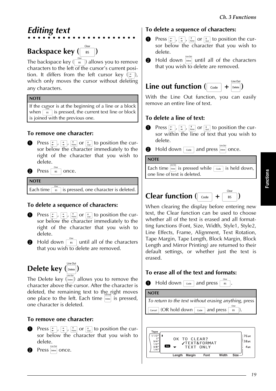 Editing text, Backspace key ( b ), Delete key ( q ) | Line out function ( d + q ), Clear function ( d + b ), Ch. 3 functions, 1 hold down d and press b | Brother PT-9600 User Manual | Page 33 / 235
