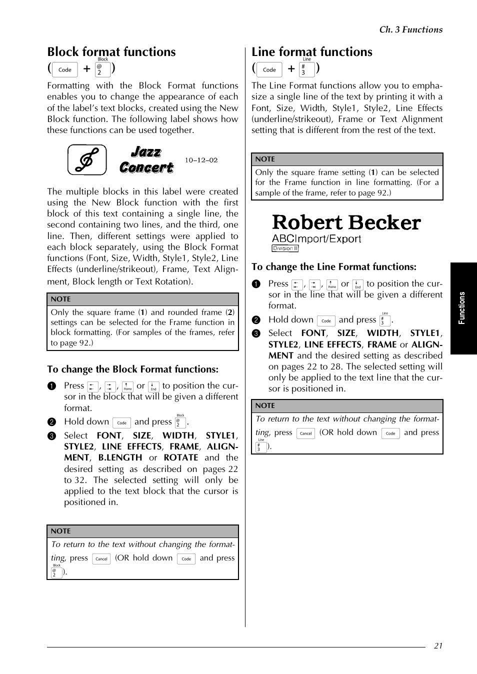 Block format functions ( d + 2 ), Line format functions ( d + 3 ) | Brother PT-9600 User Manual | Page 35 / 235
