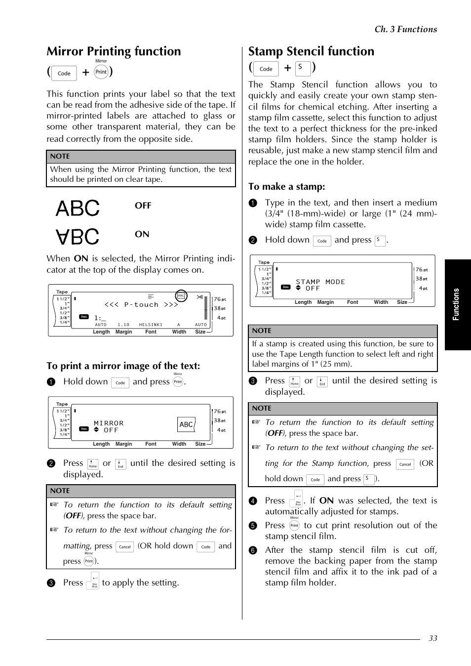 P. 33, Mirror printing function ( d + p ), Stamp stencil function ( d + s ) | Ch. 3 functions, Off on, Fu nc ti on s, Or hold down, And press | Brother PT-9600 User Manual | Page 47 / 235