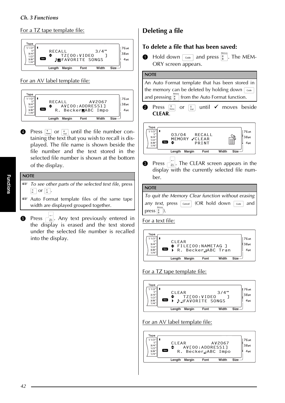 Deleting a file, Ch. 3 functions, Fu nc ti o ns | Or hold down d and press 8) | Brother PT-9600 User Manual | Page 56 / 235