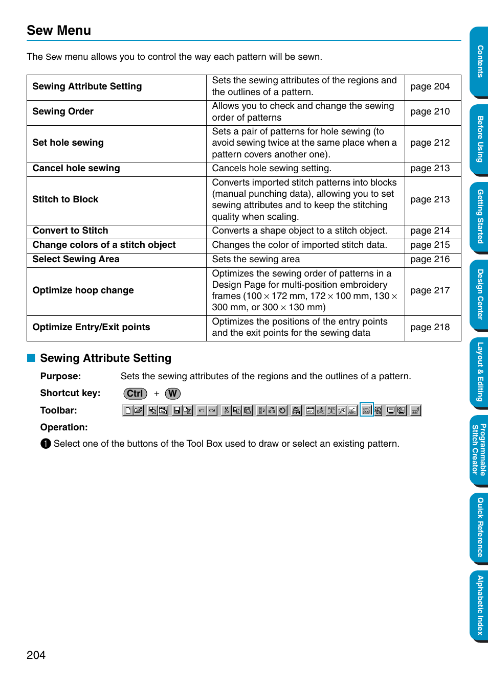 Sew menu, Sewing attribute setting, Sewing attribute setting” on | Brother PE-DESIGN Ver.5 User Manual | Page 212 / 274