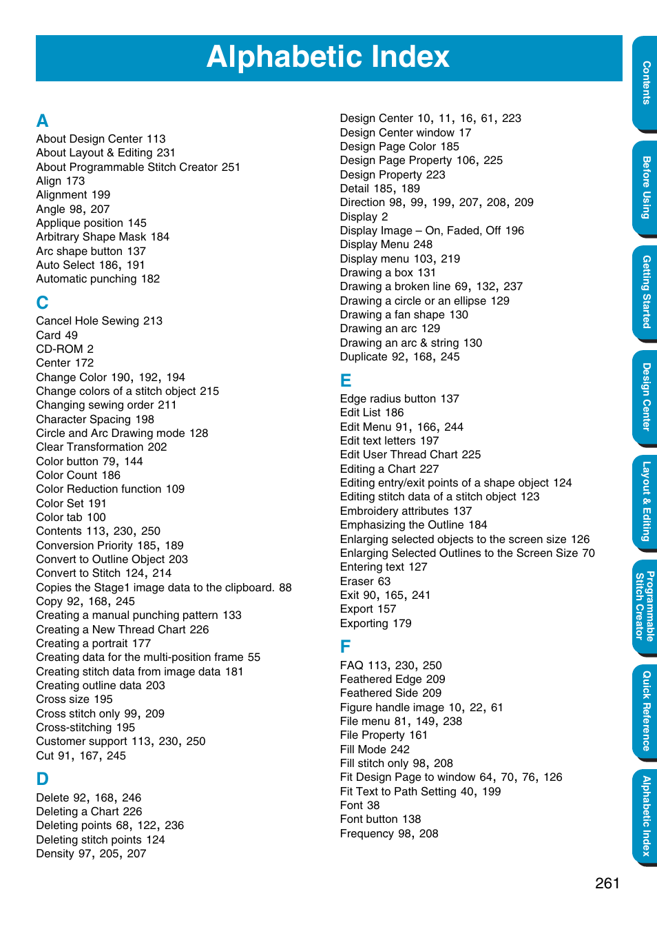 Alphabetic index | Brother PE-DESIGN Ver.5 User Manual | Page 269 / 274