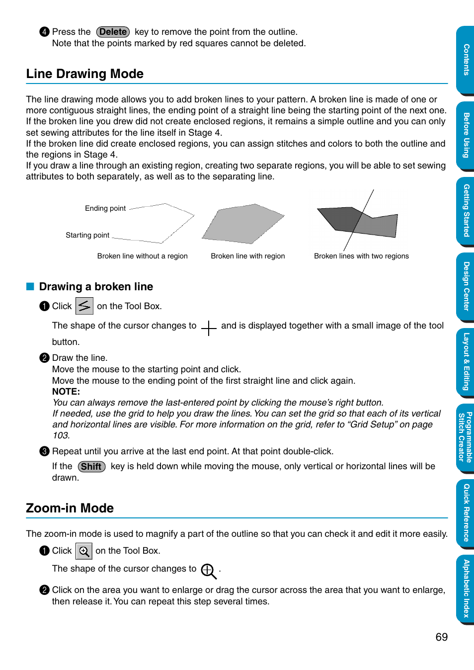 Line drawing mode, Drawing a broken line, Zoom-in mode | Drawing a broken line 1 | Brother PE-DESIGN Ver.5 User Manual | Page 77 / 274