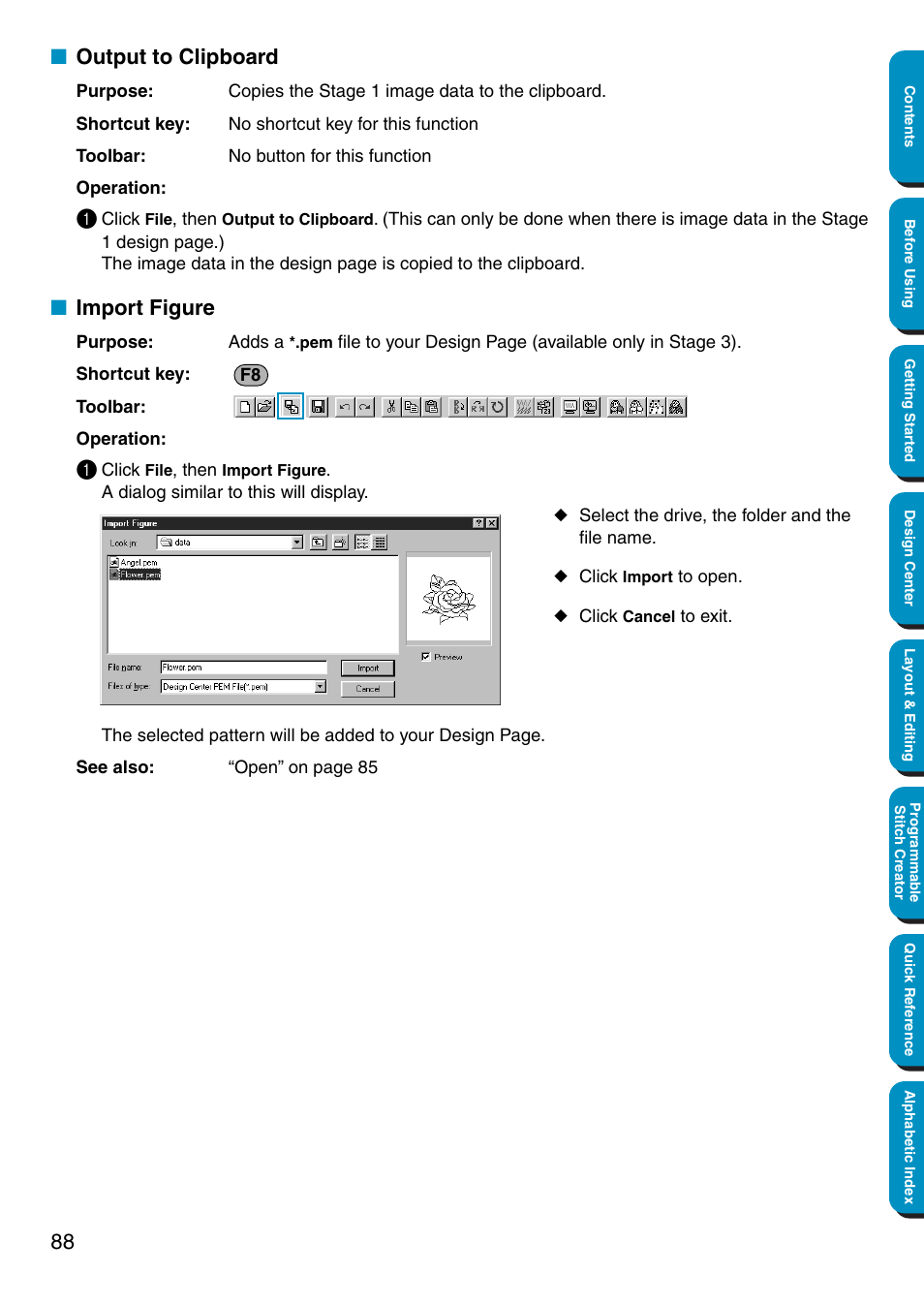 Output to clipboard, Import figure, Output to clipboard • import figure | Brother PE-DESIGN Ver.5 User Manual | Page 96 / 274