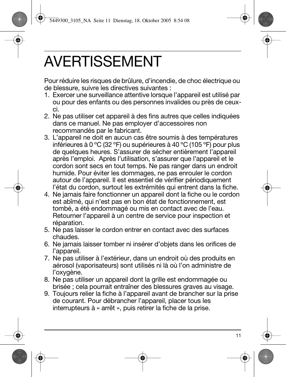 Avertissement | Braun 3105-5449 InterFace Excel User Manual | Page 11 / 20