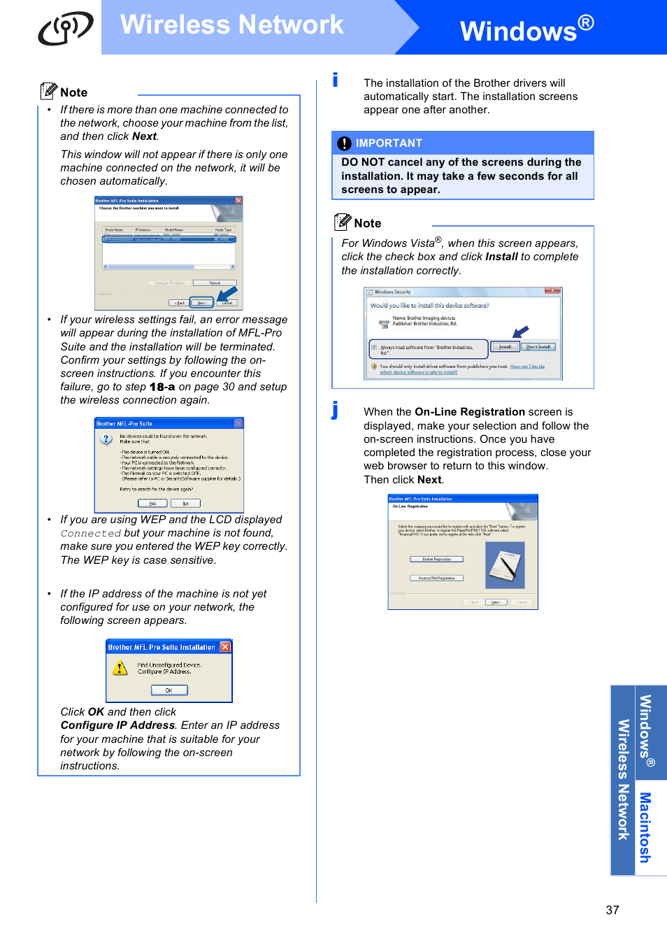 Windows, Wireless network | Brother MFC-495CW User Manual | Page 37 / 46