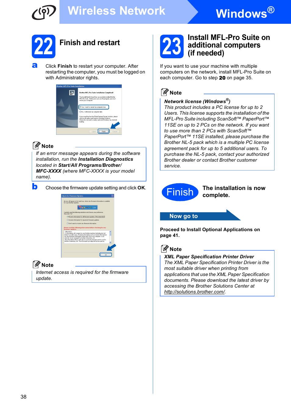 22 finish and restart, Windows, Wireless network | Finish | Brother MFC-495CW User Manual | Page 38 / 46
