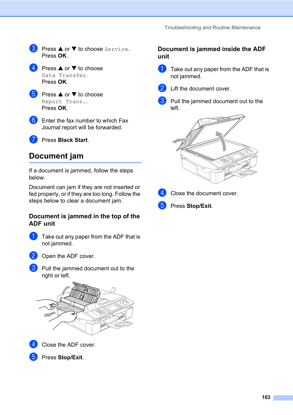 Document jam, Document is jammed in the top of the adf unit, Document is jammed inside the adf unit | Brother MFC-820CW User Manual | Page 119 / 171