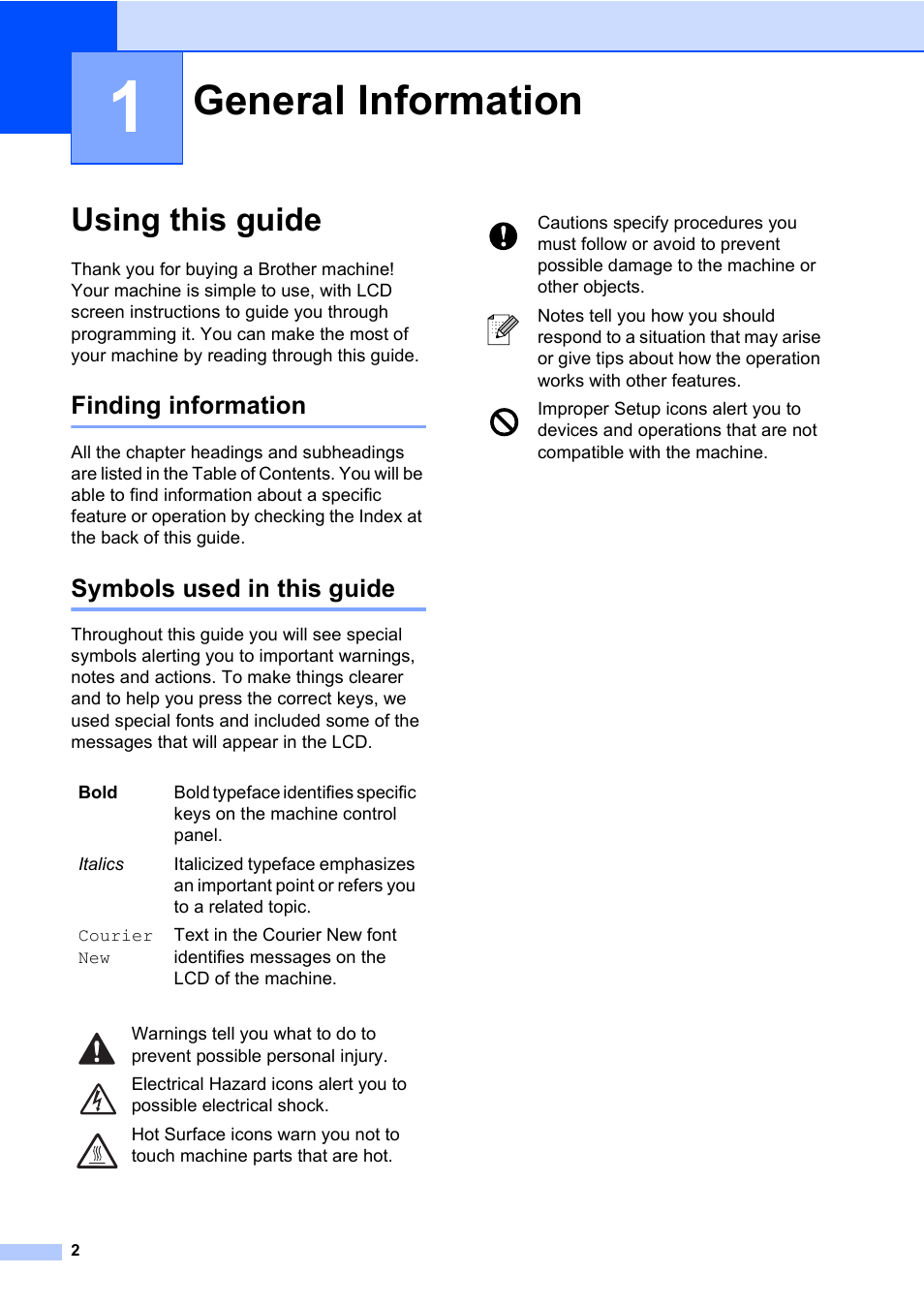 1 general information, Using this guide, Finding information | Symbols used in this guide, General information, Finding information symbols used in this guide | Brother MFC-820CW User Manual | Page 18 / 171