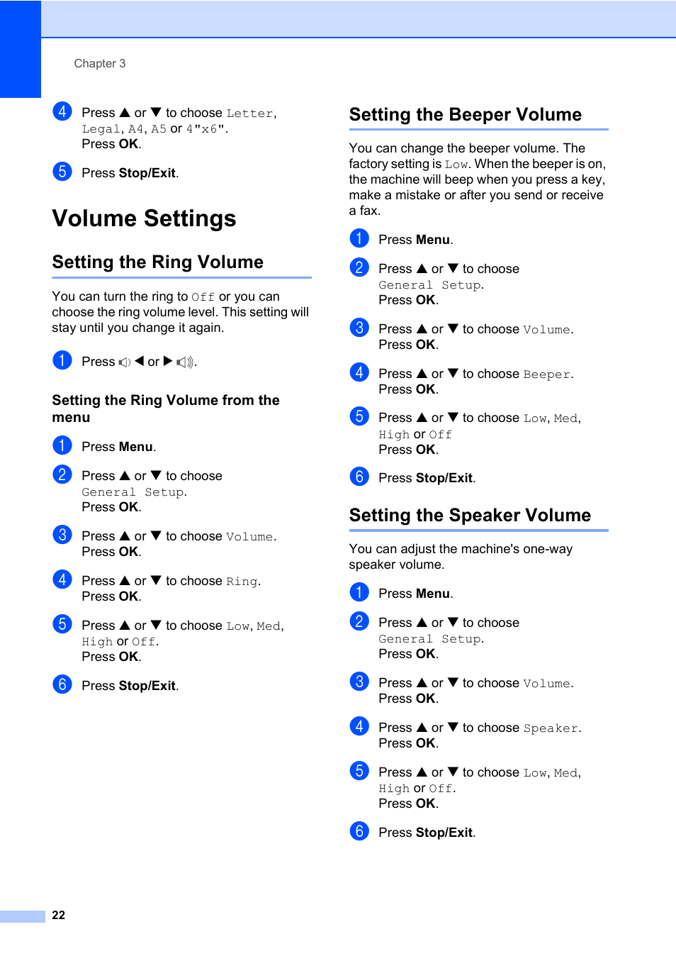 Volume settings, Setting the ring volume, Setting the ring volume from the menu | Setting the beeper volume, Setting the speaker volume | Brother MFC-820CW User Manual | Page 38 / 171