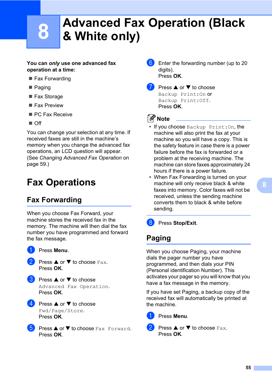 8 advanced fax operation (black & white only), Fax operations, Fax forwarding | Paging, Advanced fax operation (black & white only), Fax forwarding paging | Brother MFC-820CW User Manual | Page 71 / 171