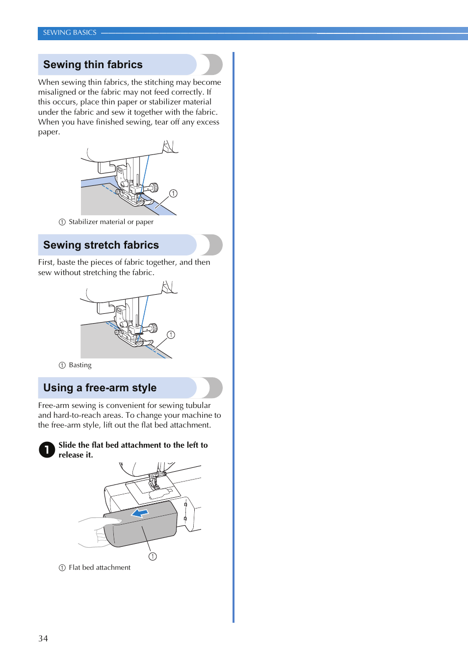 Sewing thin fabrics, Sewing stretch fabrics, Using a free-arm style | Brother XR-9000 User Manual | Page 36 / 80