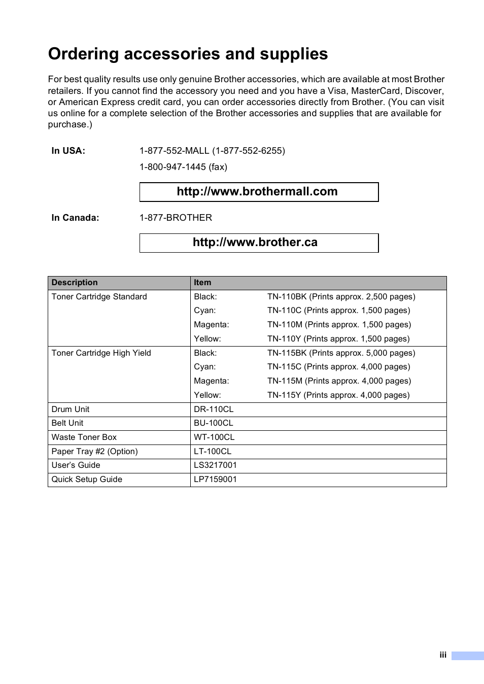 Ordering accessories and supplies | Brother DCP-9045CDN User Manual | Page 5 / 192