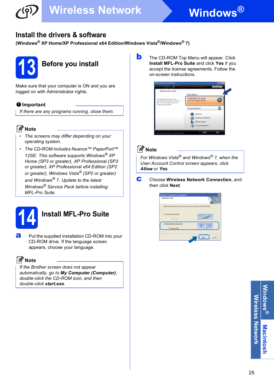 13 before you install, 14 install mfl-pro suite, Windows | Wireless network, Install the drivers & software, Before you install, Install mfl-pro suite | Brother DCP-J140W User Manual | Page 25 / 32