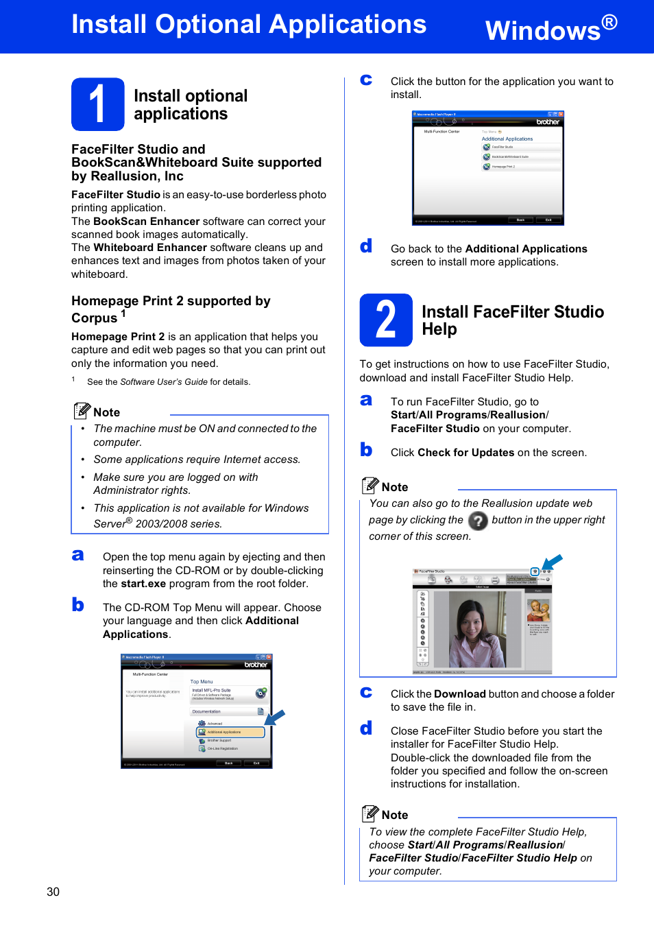 Install optional applications windows, 1 install optional applications, 2 install facefilter studio help | Windows, Install optional applications | Brother DCP-J140W User Manual | Page 30 / 32