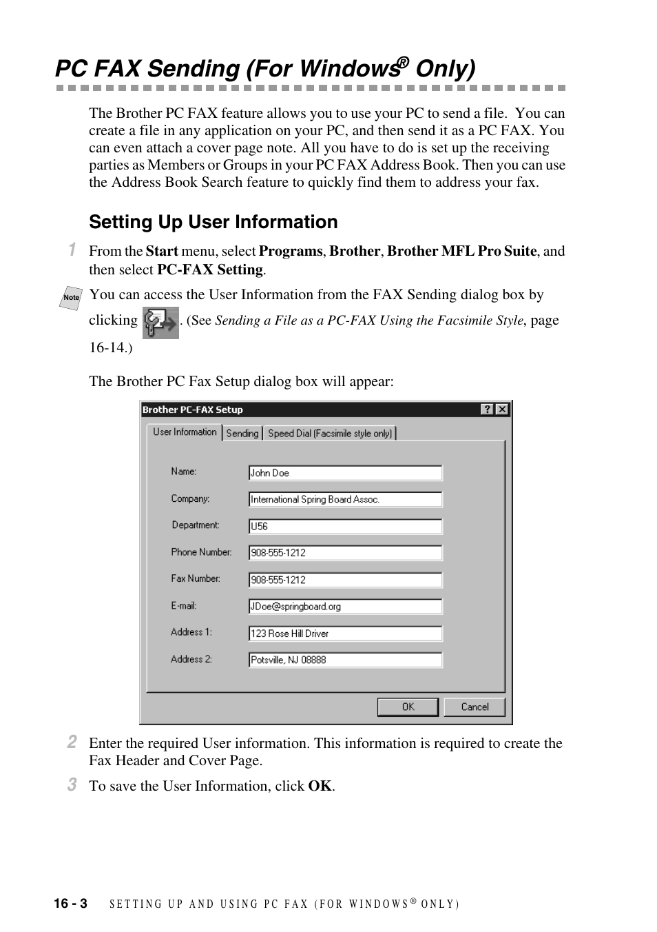 Pc fax sending (for windows® only), Setting up user information, Pc fax sending (for windows | Only) -3, Setting up user information -3, Only), Setting up user information 1 | Brother MFC-6800 User Manual | Page 146 / 222