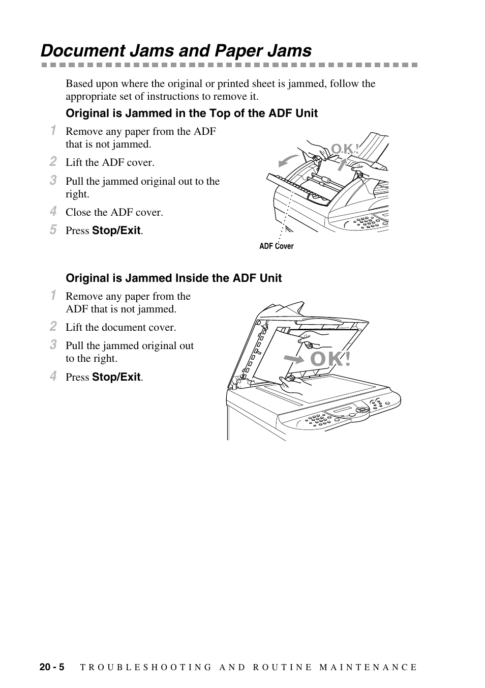 Document jams and paper jams, Original is jammed in the top of the adf unit, Original is jammed inside the adf unit | Document jams and paper jams -5 | Brother MFC-6800 User Manual | Page 184 / 222