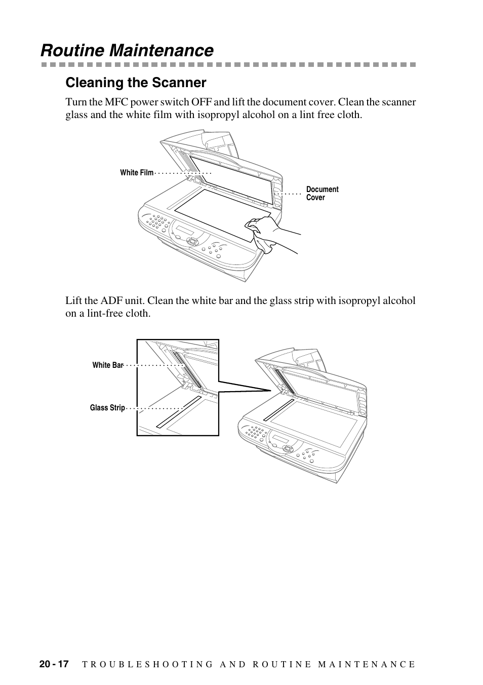 Routine maintenance, Cleaning the scanner, Routine maintenance -17 | Cleaning the scanner -17, Routine, Maintenance, S interior. (see, Wipe the electric terminals. (see | Brother MFC-6800 User Manual | Page 196 / 222