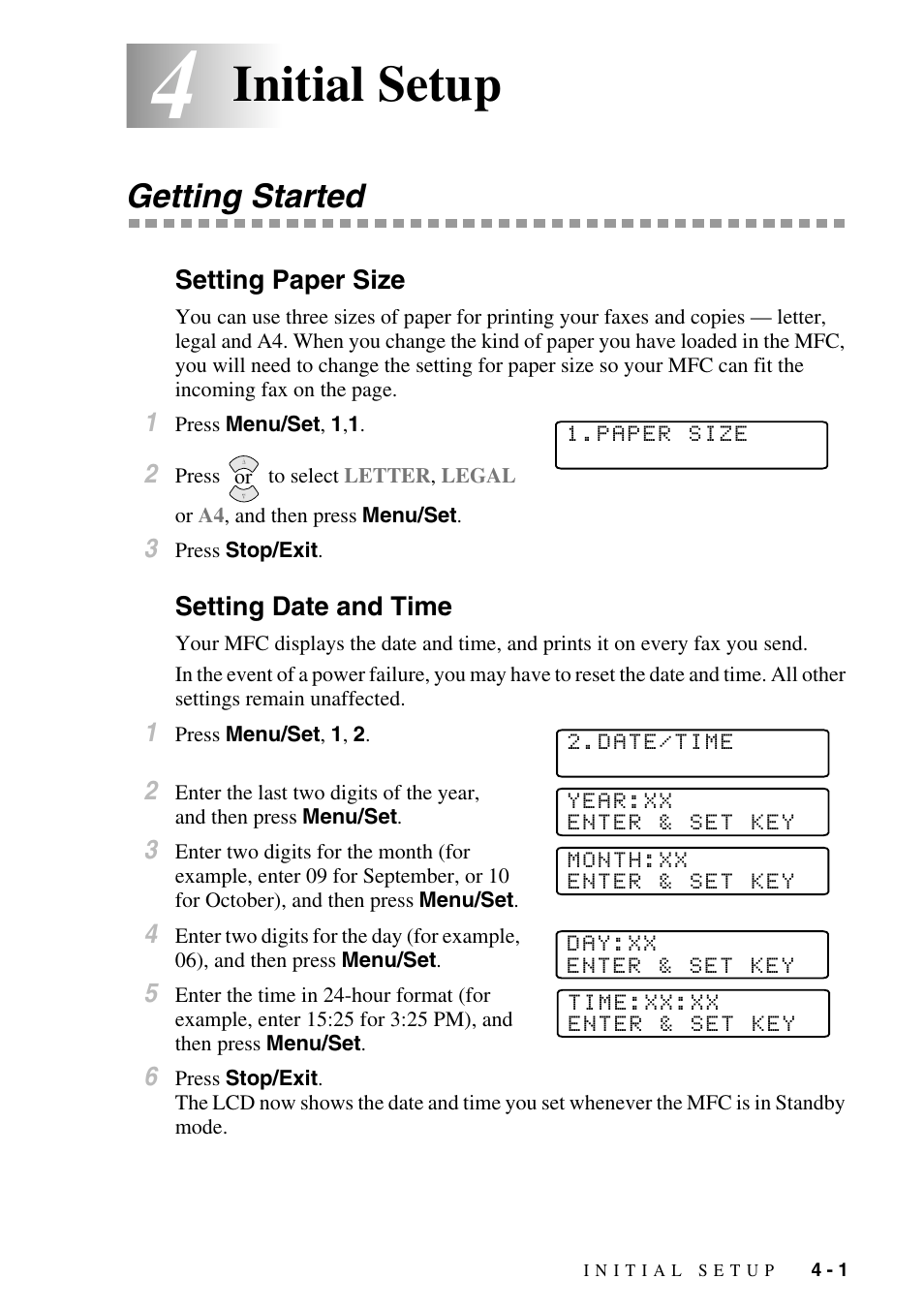 4 initial setup, Getting started, Setting paper size | Setting date and time, Initial setup -1, Getting started -1, Setting paper size -1 setting date and time -1, Initial setup | Brother MFC-6800 User Manual | Page 49 / 222