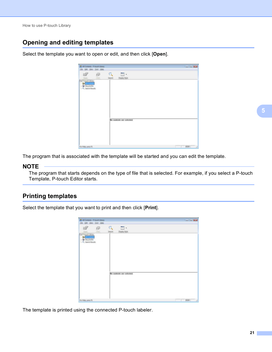 Opening and editing templates, Printing templates, Opening and editing templates printing templates | 5opening and editing templates | Brother PT-P700 User Manual | Page 25 / 49